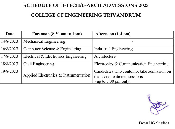 B.Tech Admissions 2023 - 24 Schedule - College Of Engineering Trivandrum